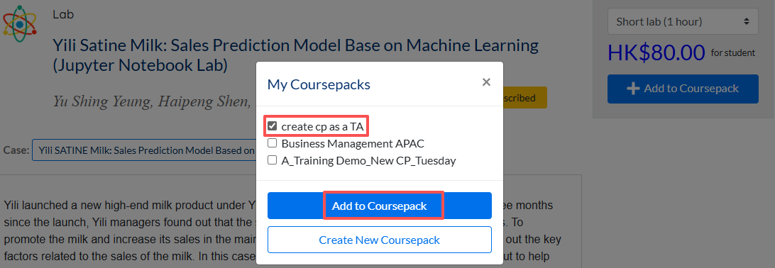 Select a Coursepack to add lab to